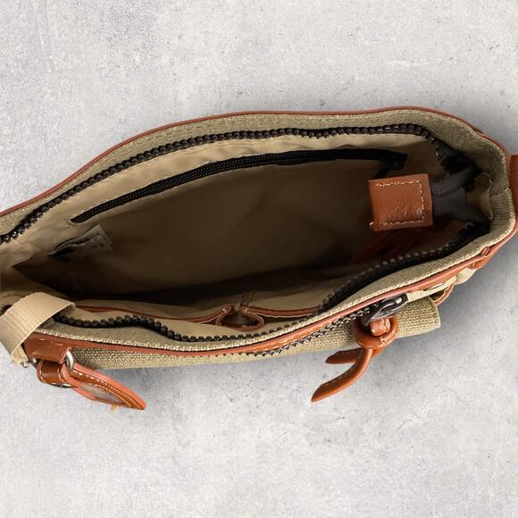 Sherpani Crossbody Purse Canvas Leather Trim Boho Tree Patch Green Brown Bag - Picture 5 of 12